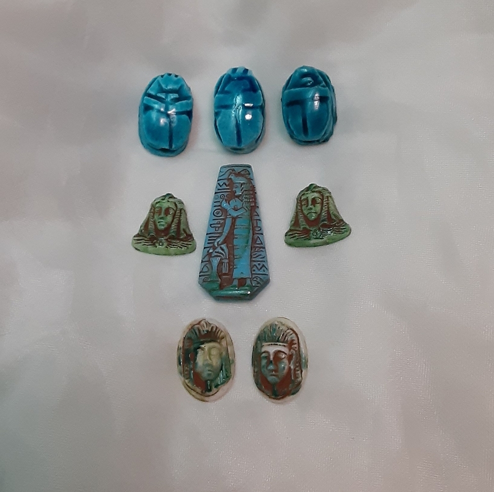 5 Art Deco 1920s Max Neiger Egyptian Revival Czech Boho Glass Stones+3 Scarabs=8